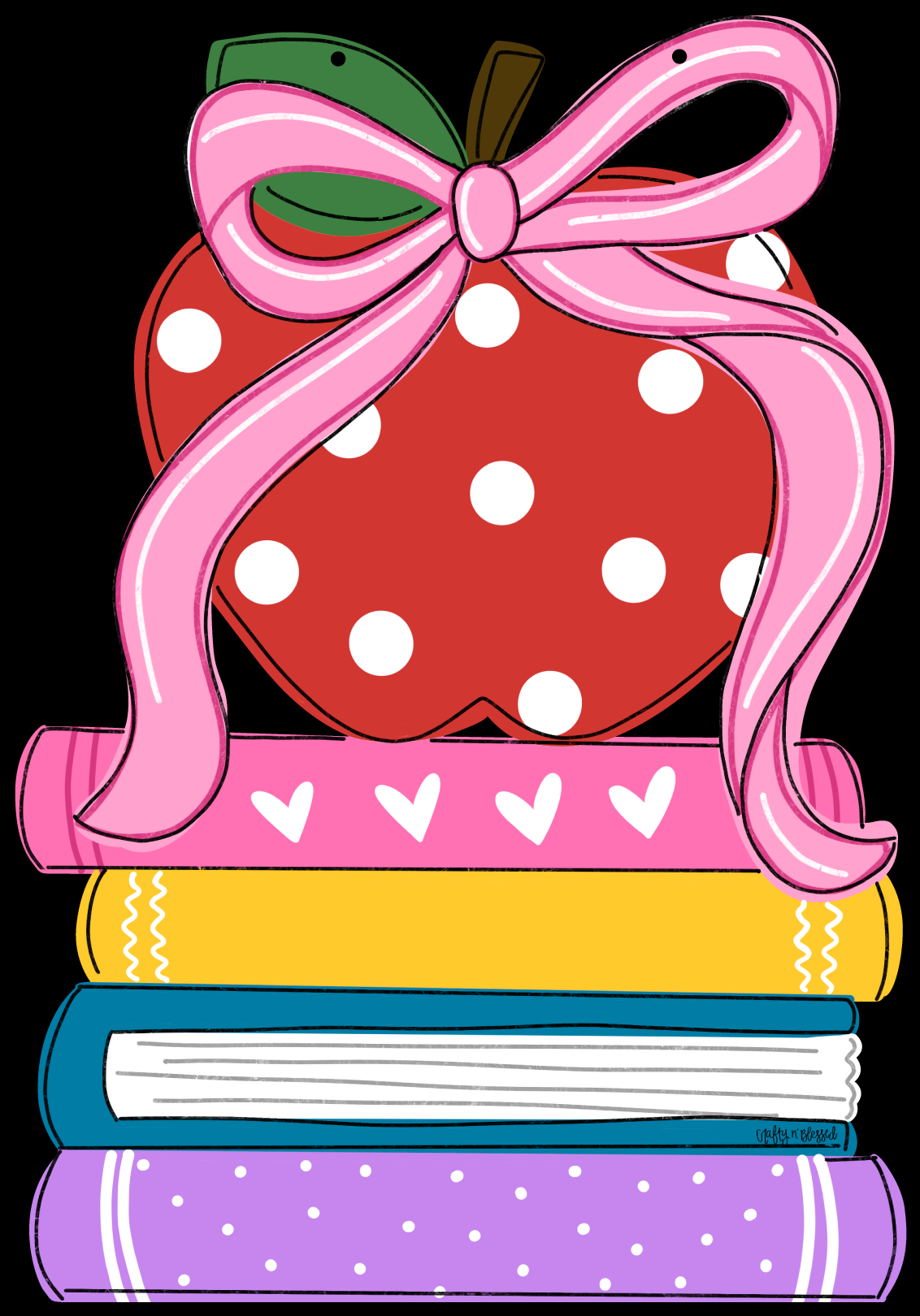 CRAFTY N BLESSED RED APPLE WITH WHITE DOTS AND PINK BOW SITTING ON STACK OF BOOKS