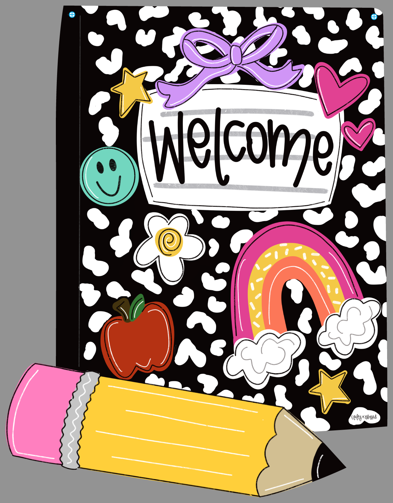CRAFTY N BLESSED COMPOSITION NOTEBOOK WITH YELLOW PENICL RAINBOW PURPLE BOW