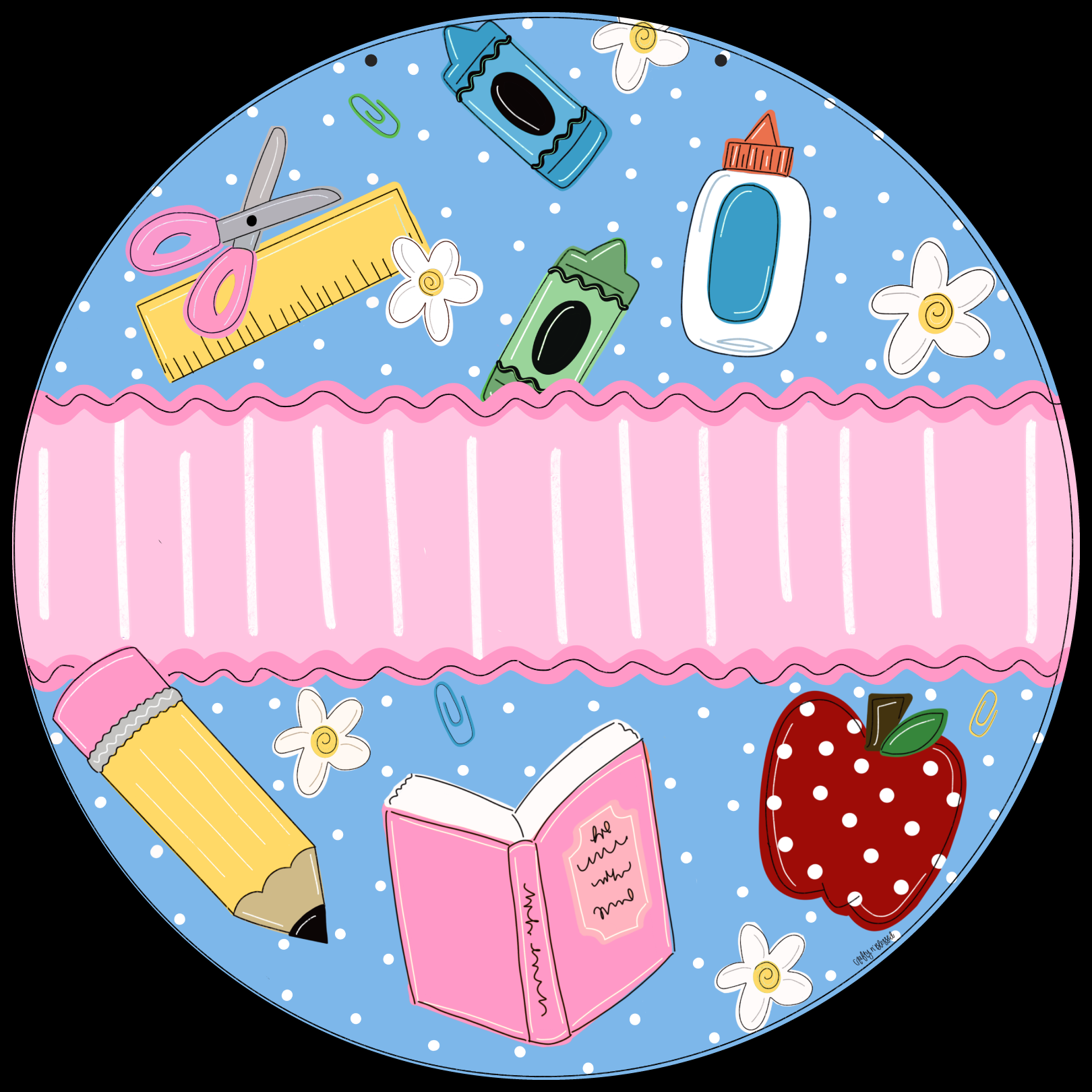 CRAFTY N BLESSED ROUND BLUE WITH PINK SECTION IN MIDDLE WITH SCHOOL SUPPLIES