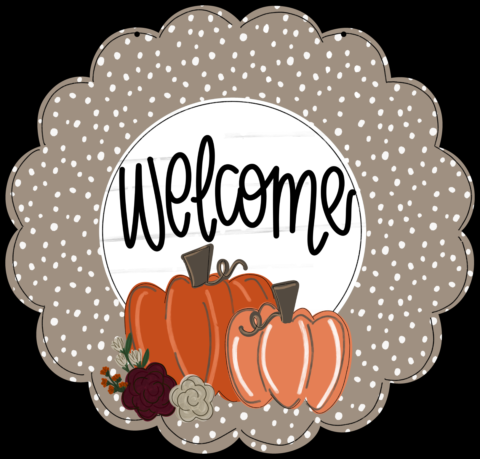 CRAFTY N BLESSED SCALLOPED ROUND BROWN WITH WHITE DOTS WELCOME 2 ORANGE PUMPKINS