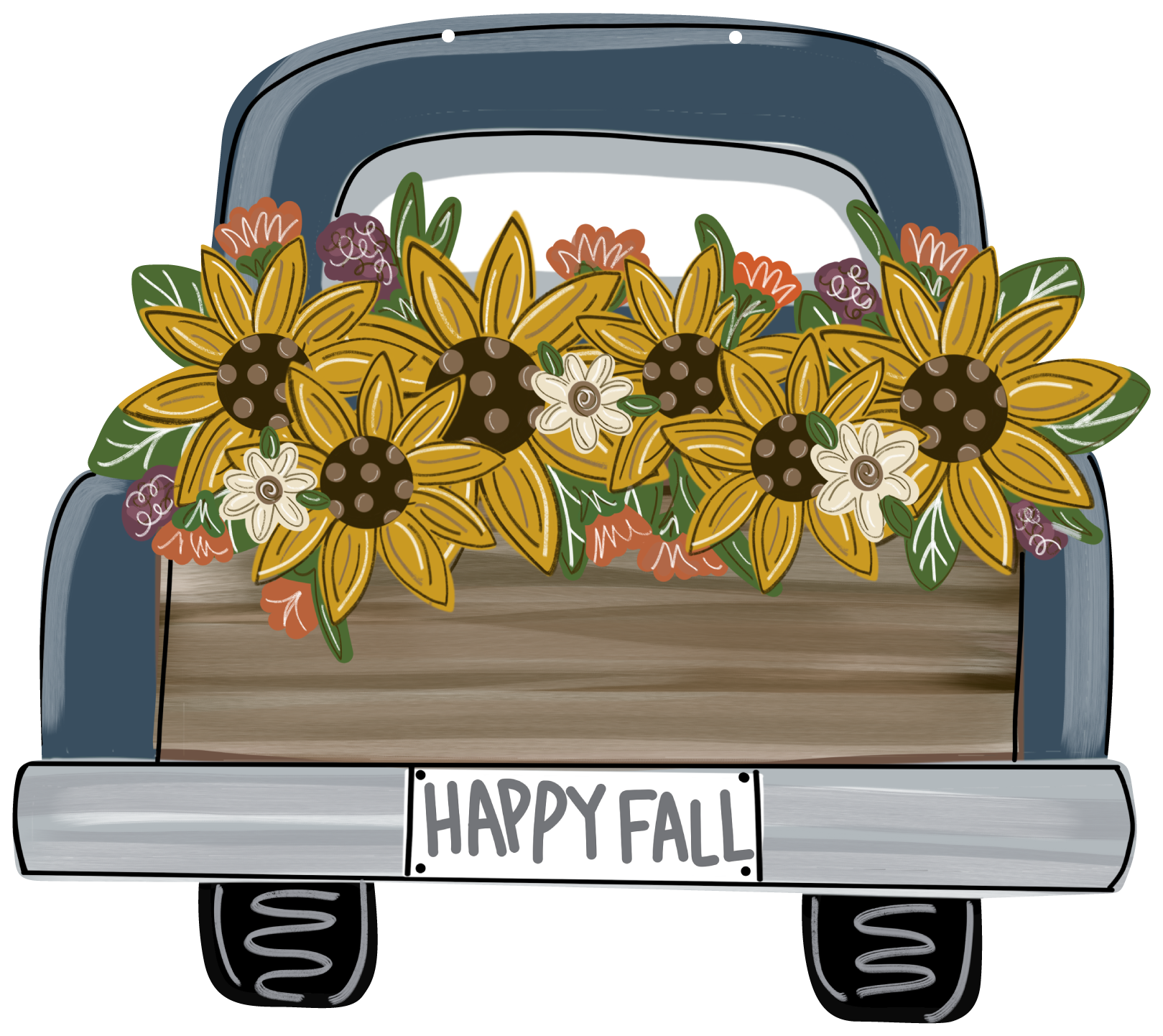 CRAFTY N BLESSED BLUE TRUCK WITH YELLOW ORANGE AND PURPLE FLOWERS IN BED