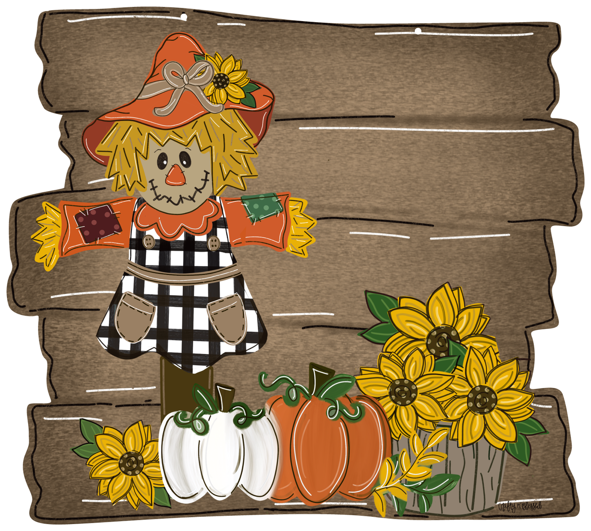 CRAFTY N BLESSED SCARECROW WITH PUMPKINS AND SUNDLOWERS ON A BOARD