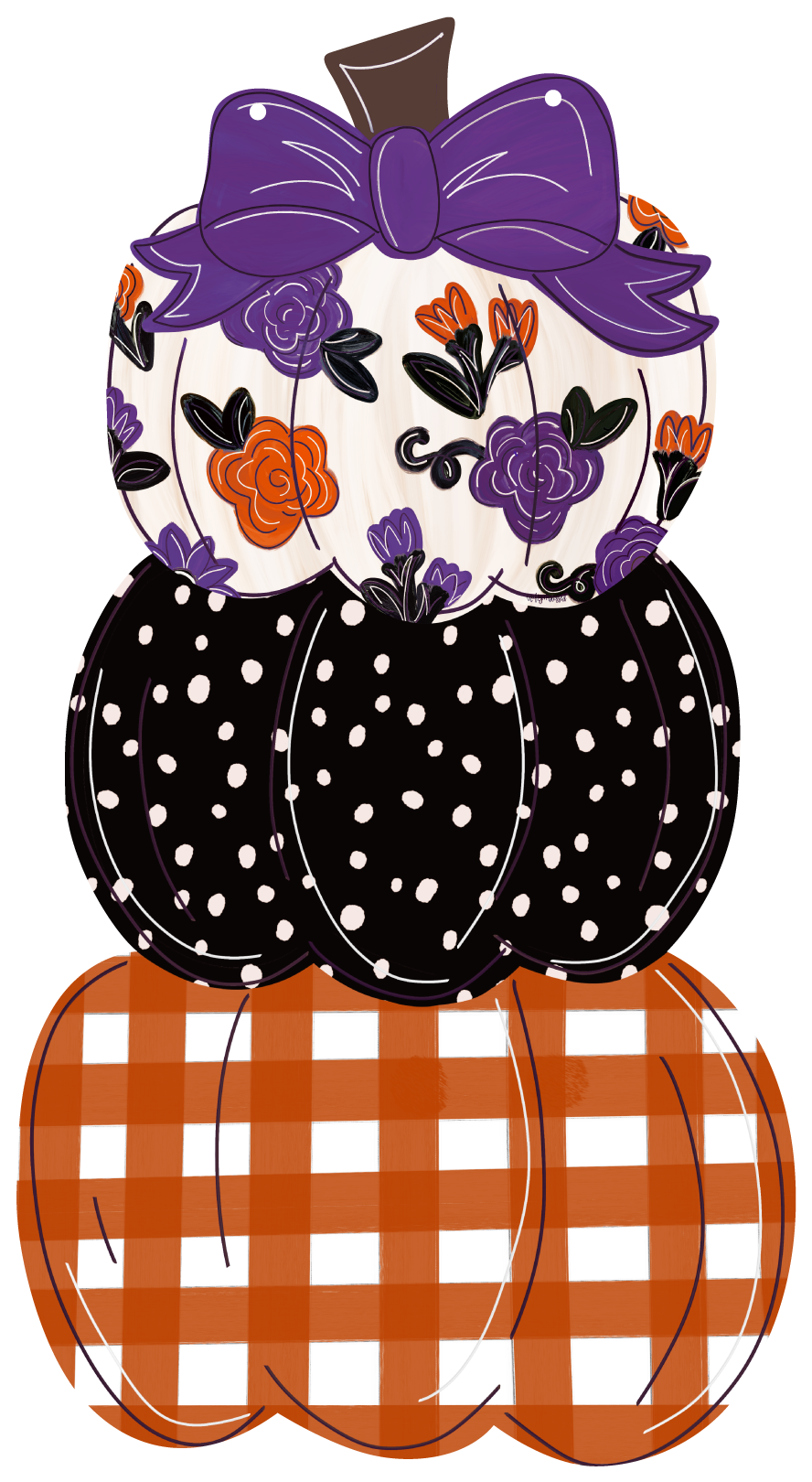CRAFTY N BLESSED ORANGE WHITE BLACK WHITE AND WHITE WITH PURPLE AND ORANGE FLOWERS PURPLE BOW