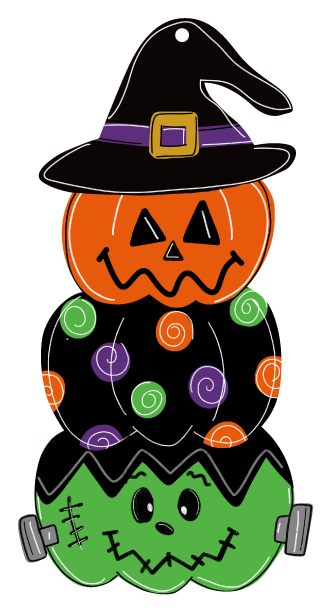 CRAFTY N BLESSED STACKED PUMPKINS AS FRANKENSTEIN JACK-O-LANTERN AND BLACK WITH GREEN PURPLE AND ORNAGE CIRCLES