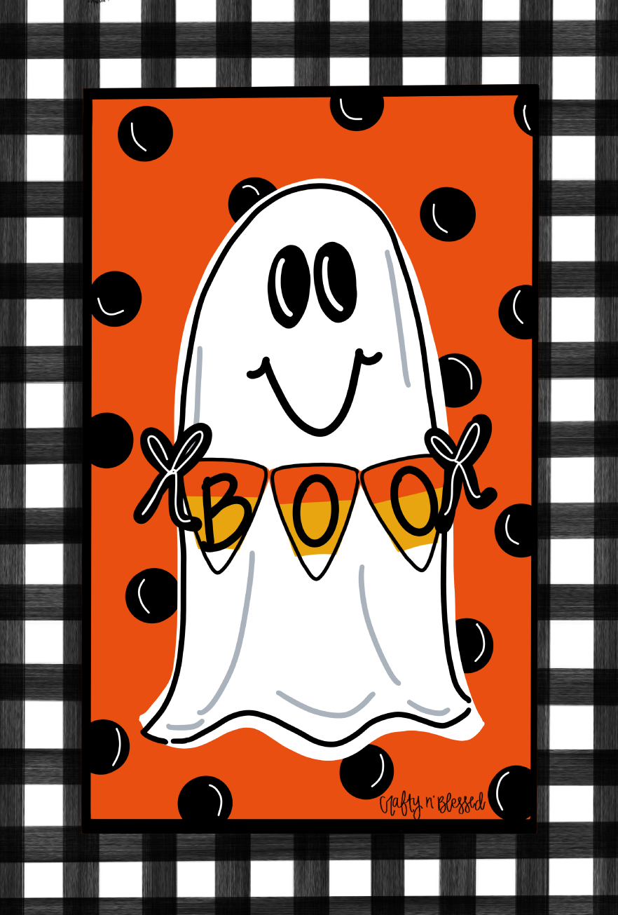 CRAFTY N BLESSED BLACK AND WHITE WITH ORANGE  AND A GHOST SAYING BOO