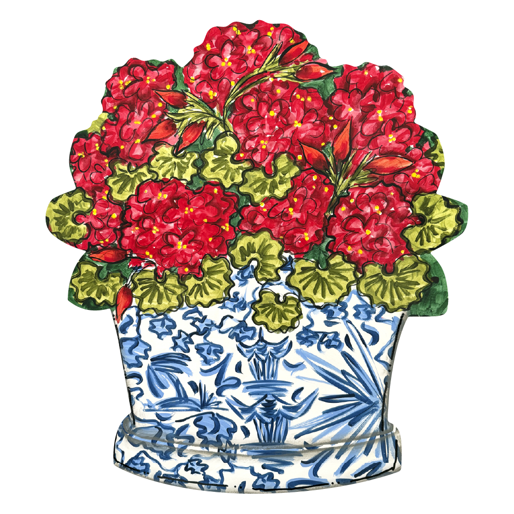 CINDY'S RED FLOWERS IN BLUE AND WHITE POT