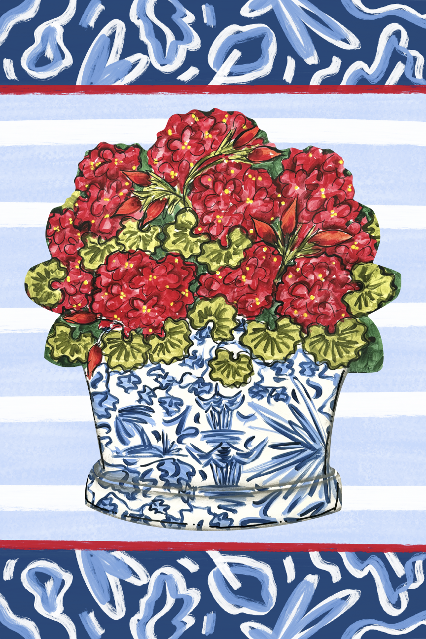 CINDY'S RED FLOWERS IN BLUE AND WHITE POT