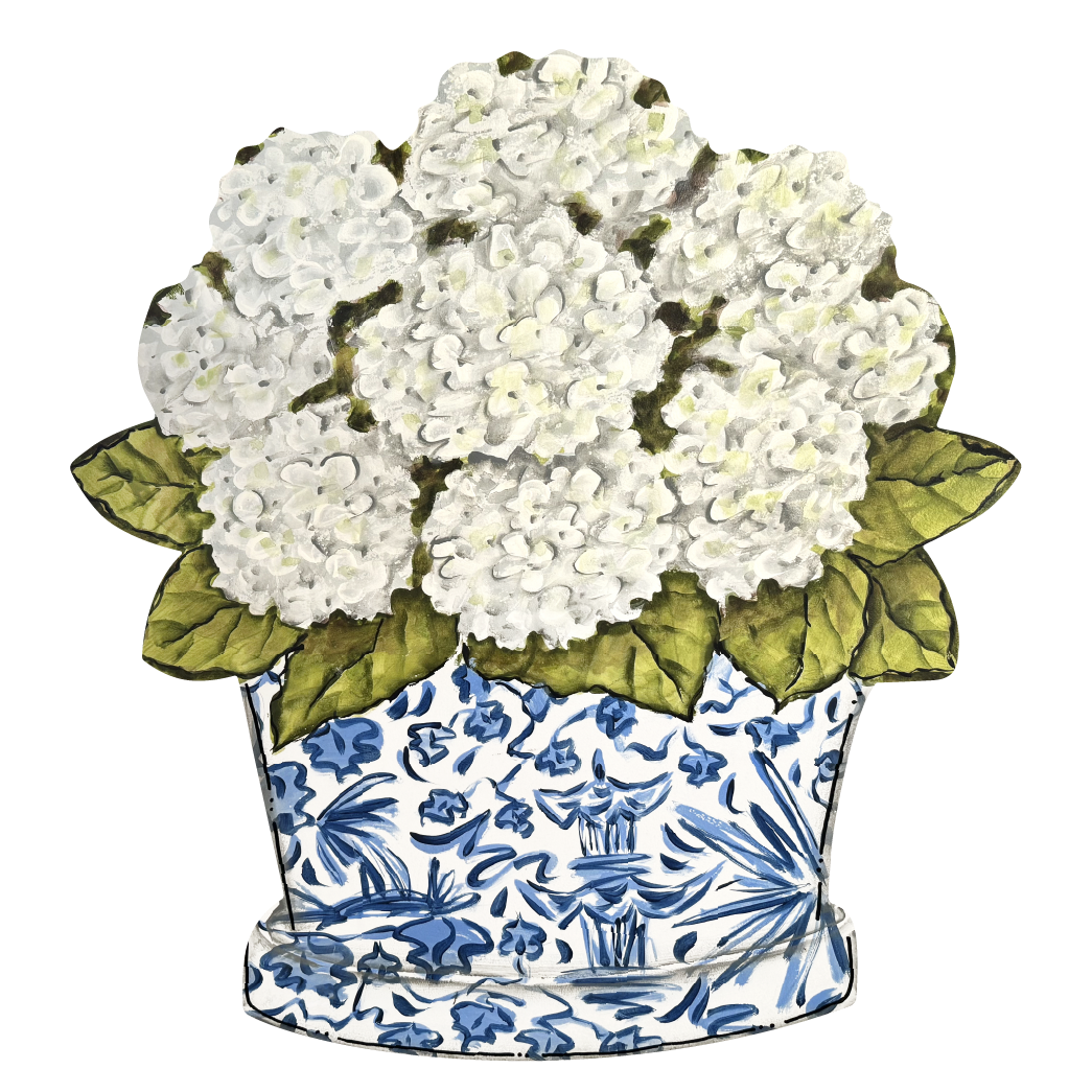 CINDY'S WHITE FLOWERS IN A BLUE AND WHITE POT