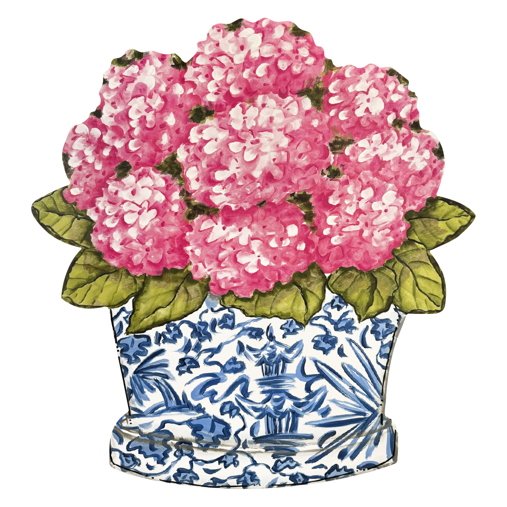 CINDY'S PINK FLOWERS IN A BLUE AND WHITE POT