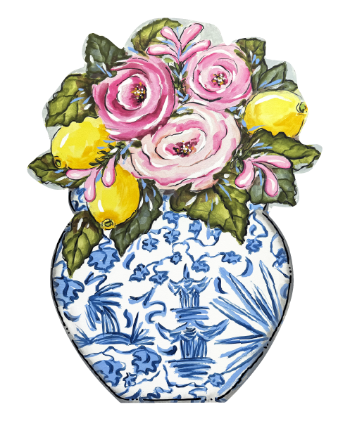 CINDY'S ROSES IN A BLUE AND WHITE POT