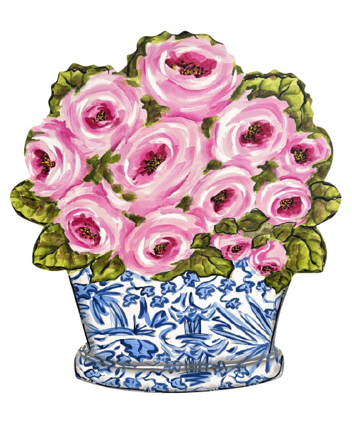 CINDY'S PINK ROSES IN A BLUE AND WHITE POT