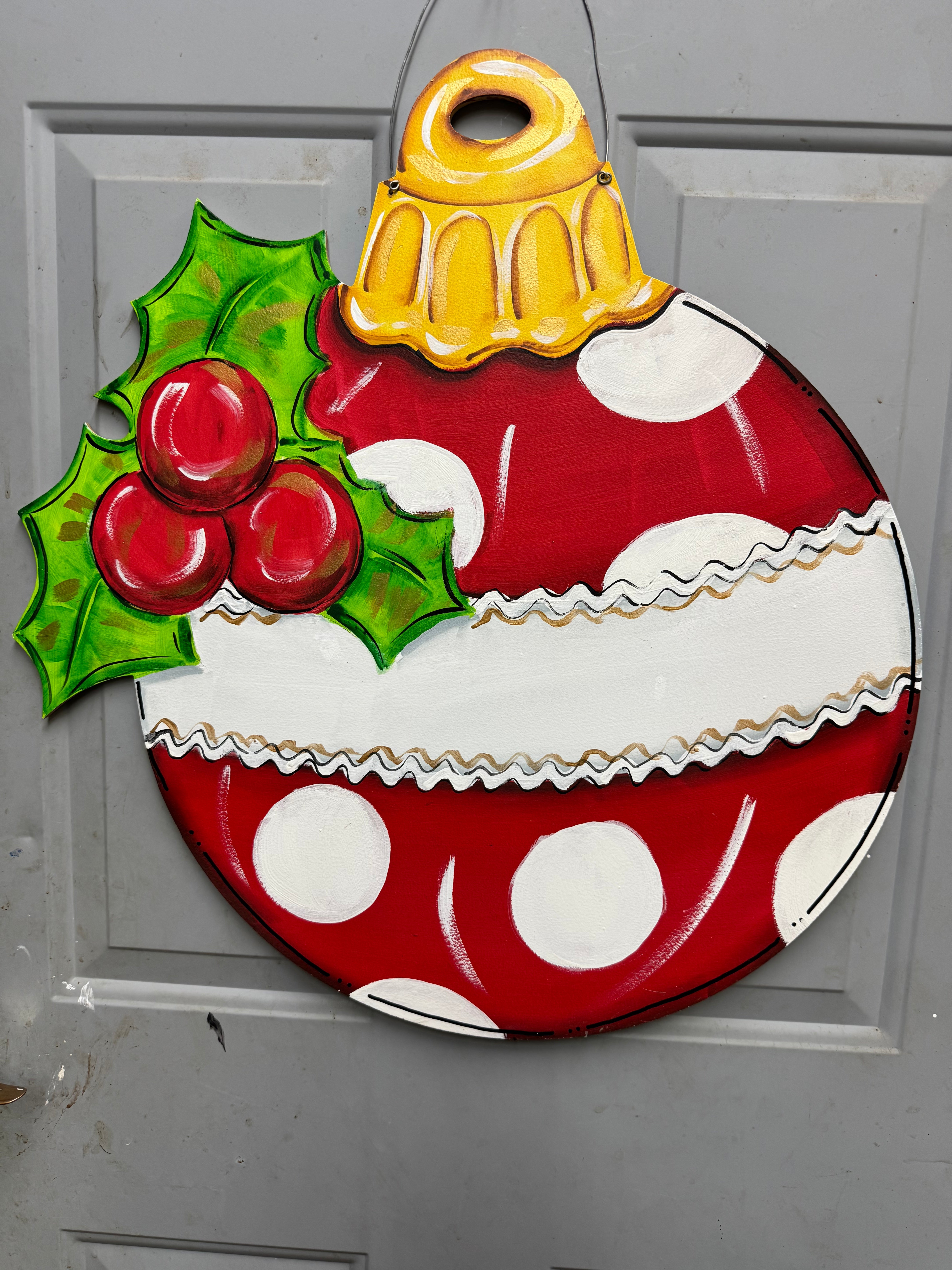 CINDY'S RED AND WHITE ORNAMENT WITH HOLLY