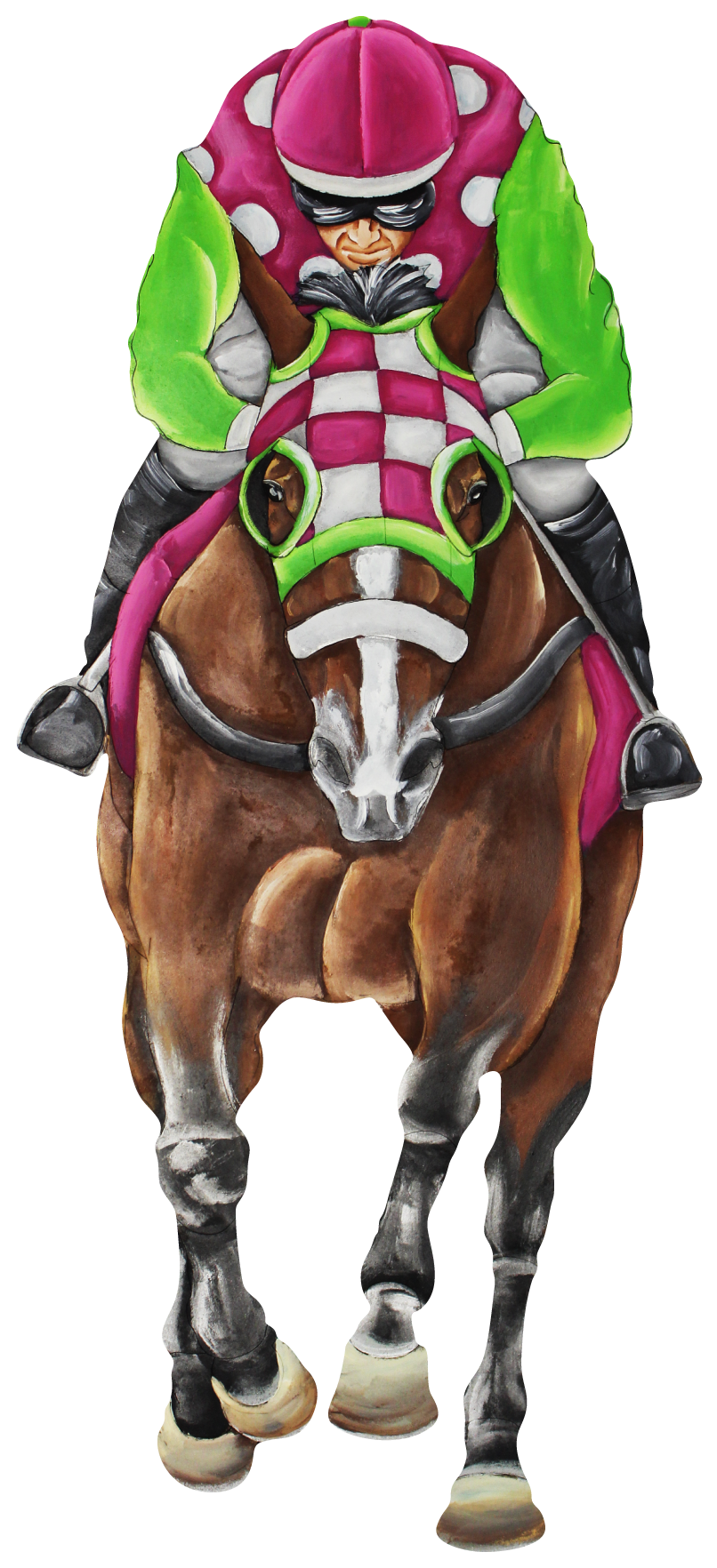 CHELLE BELLE'S CREATIONS JOCKEY ON HORSE JOCKEY WHITE DOTS PINK AND BRIGHT GREEN