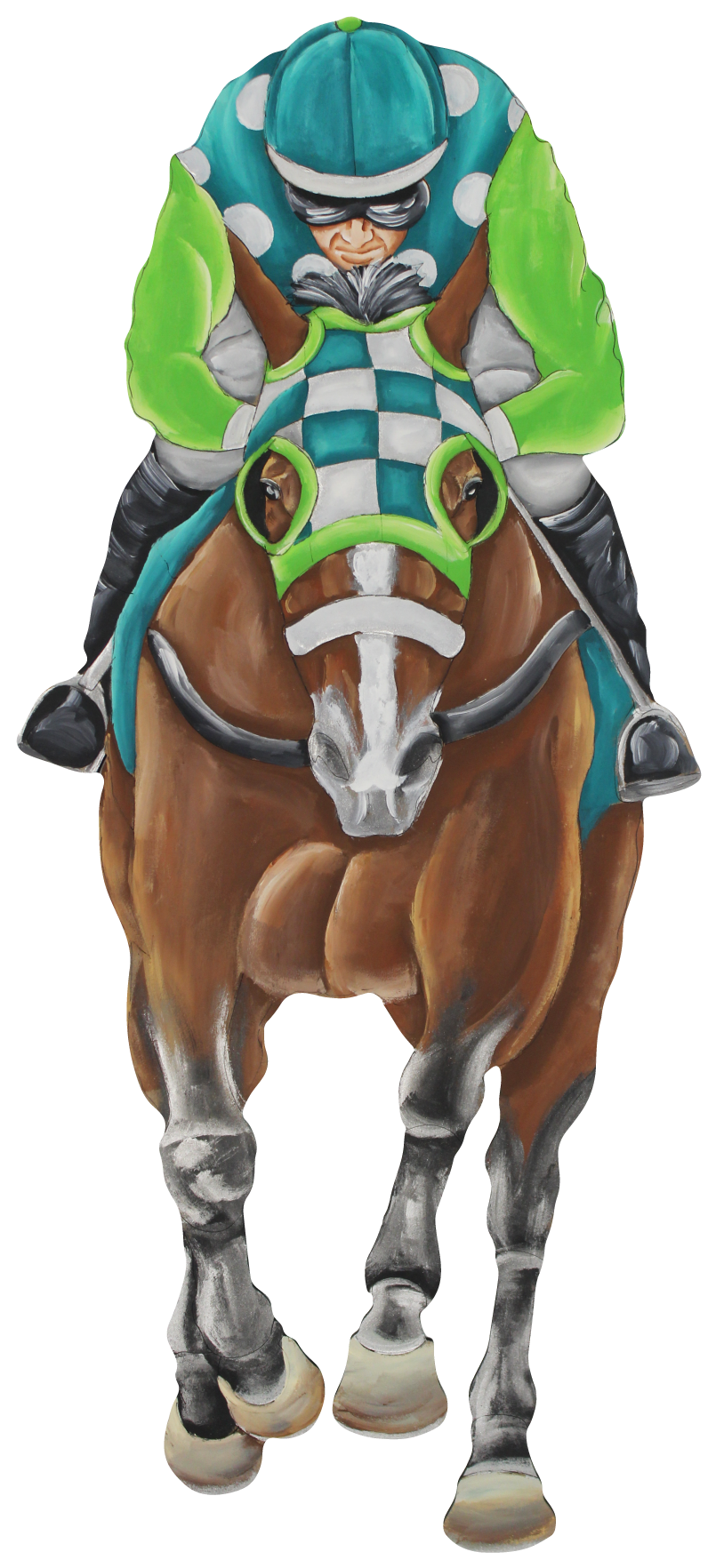 CHELLE BELLE'S CREATIONS JOCKEY ON HORSE JOCKEY WHITE DOTS TEAL AND BRIGHT GREEN