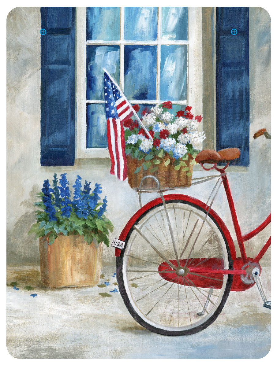 COURTSIDE MARKET CSM-BRD-AF304 WINDOW WITH RED BIKE AND USA FLAG  AND RED WHITE BLUE FLOWERS