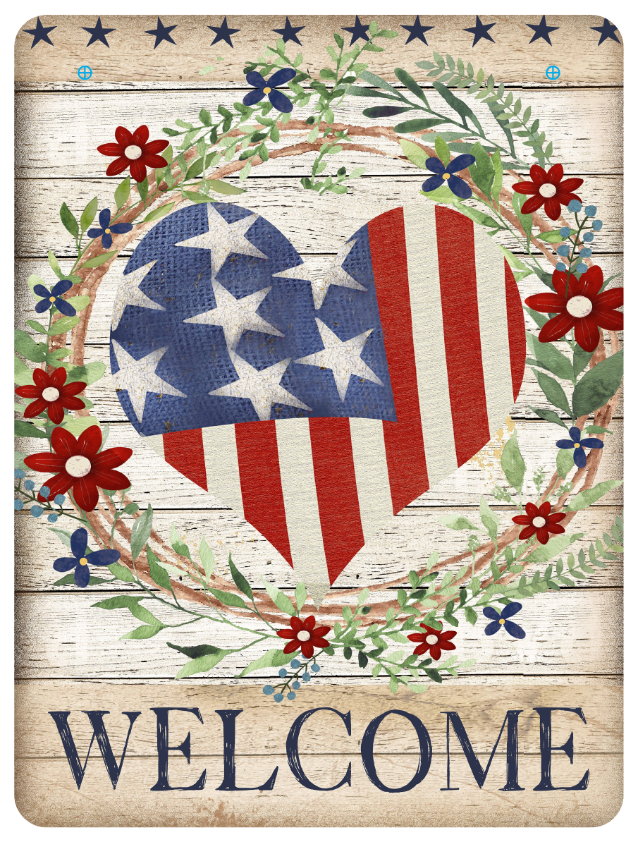 COURTSIDE MARKET CSM-BRD-AF380 RED WHITE BLUE HEART WITH FLOWERS AND WELCOME