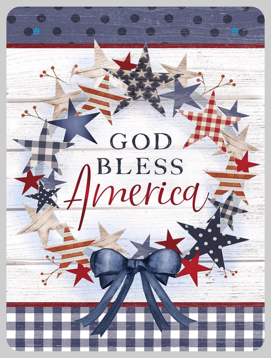 COURTSIDE MARKET CSM-BRD-AF387 STAR WREATH WITH BLUE BOW GOD BLESS AMERICA BLUE WHITE CHECKER