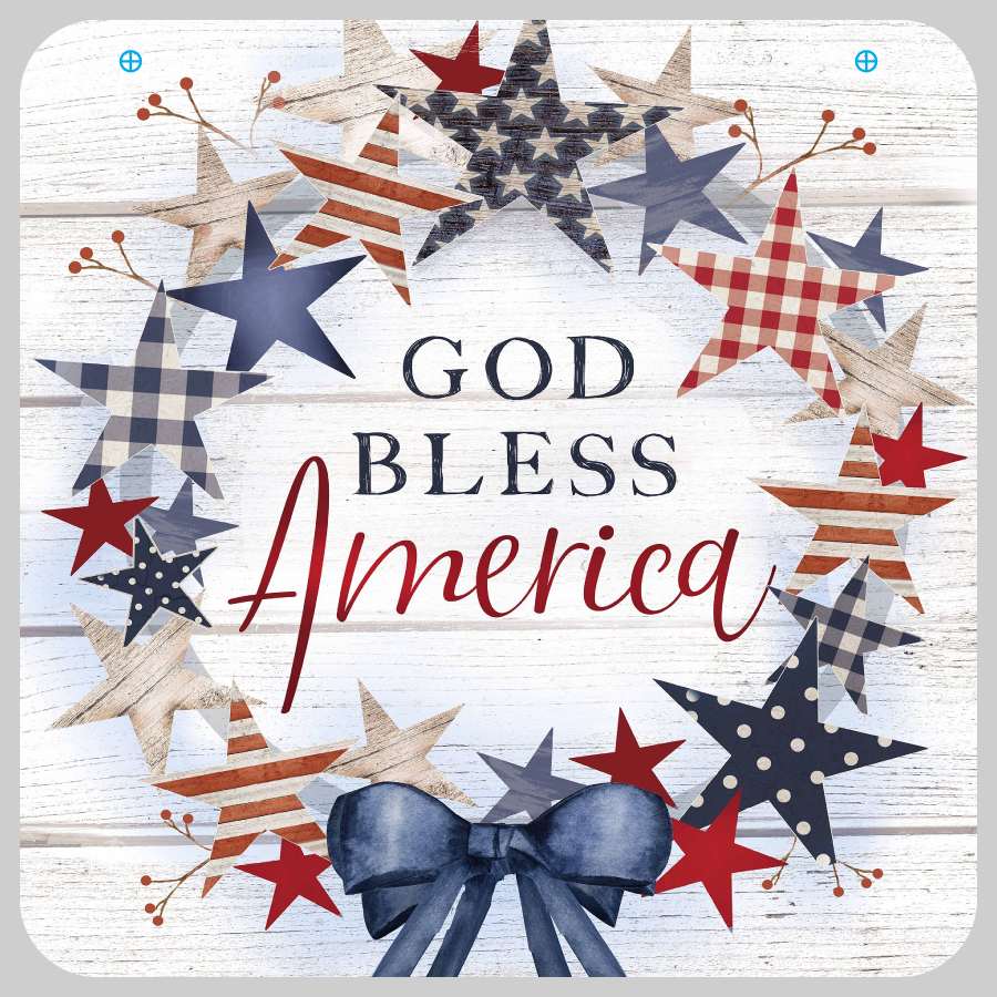 COURTSIDE MARKET CSM-BRD-AF387SQ STAR WREATH WITH BLUE BOW GOD BLESS AMERICA
