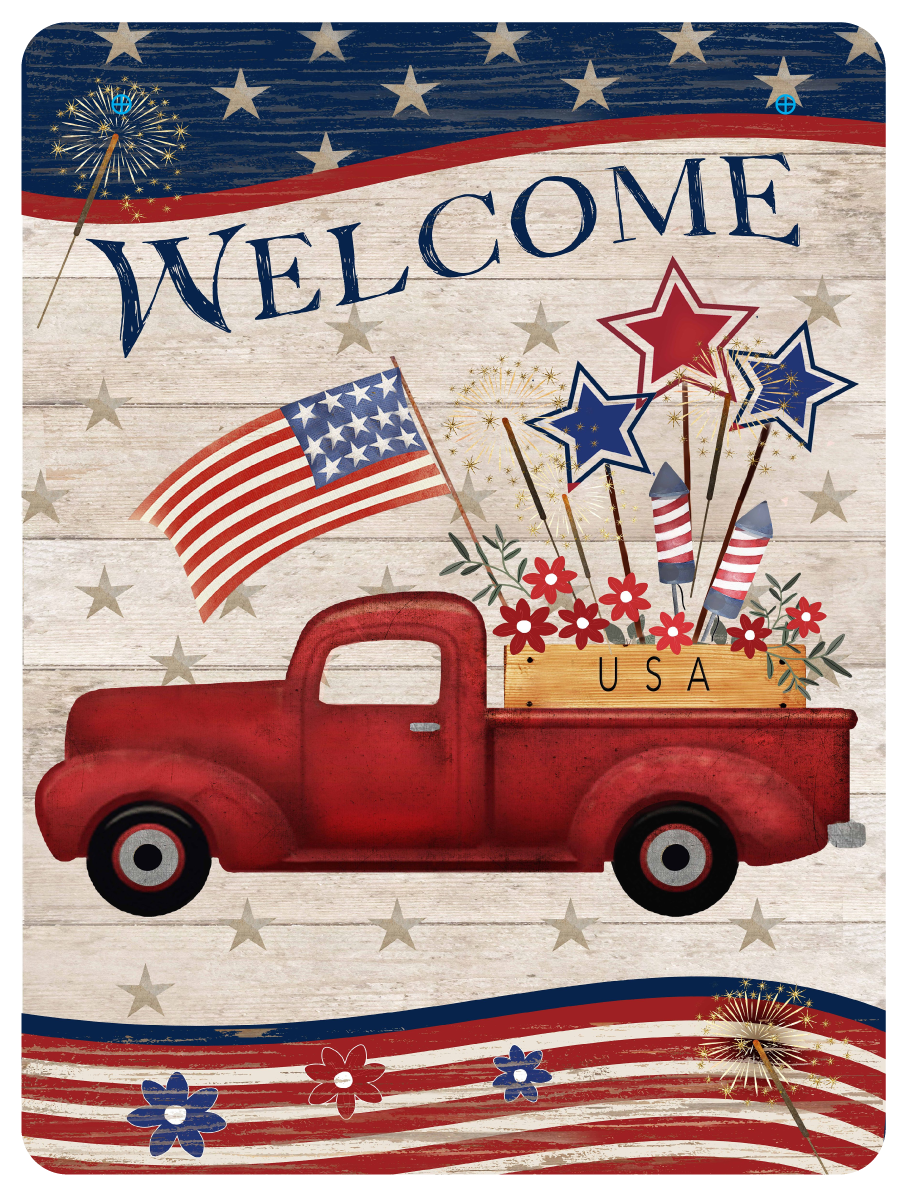 COURTSIDE MARKET CSM-BRD-AF398-7.8x24-12 RED TRUCK WITH FIREWORKS IN THE BED USA WELCOME