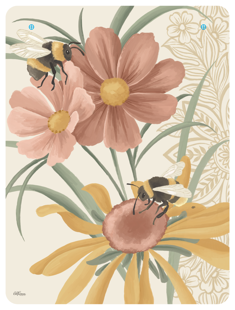 COURTSIDE MARKET CSM-BRD-ES459-12X16H-12 BUMBLE BEES  MUSTARD AND ROSE COLOR FLOWERS