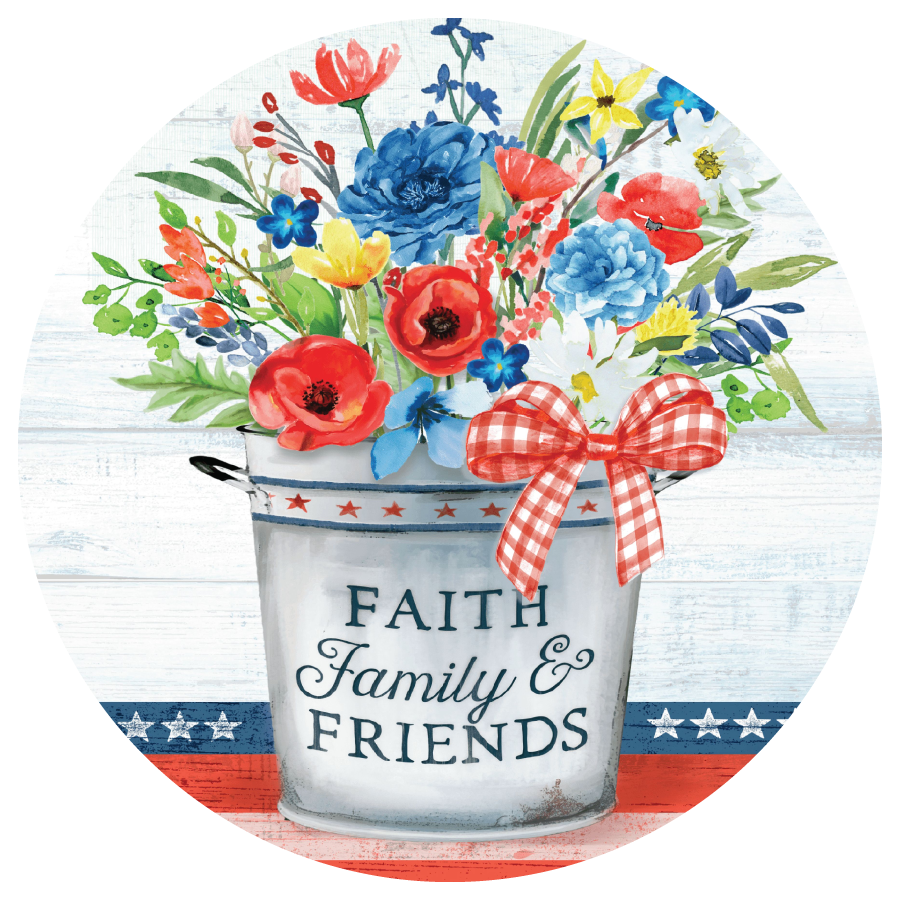 COURTSIDE MARKET CSM-CIR-AF389-12X12-12  ROUND RED WHITE BLUE YELLOW FLOWERS FAITH FAMILY & FRIENDS  RED WHITE BOW