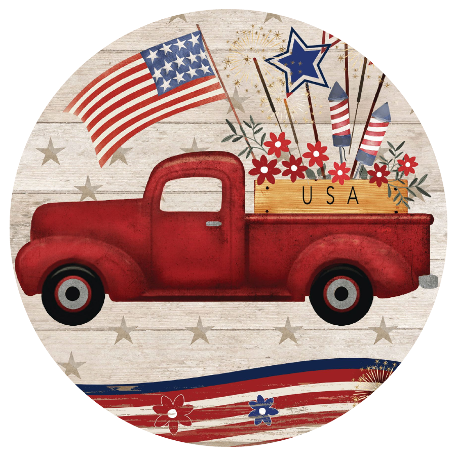 COURTSIDE MARKET  CSM-CIR-AF392-12X12-12 ROUND RED TRUCK WITH FIREWORKS IN BACK USA