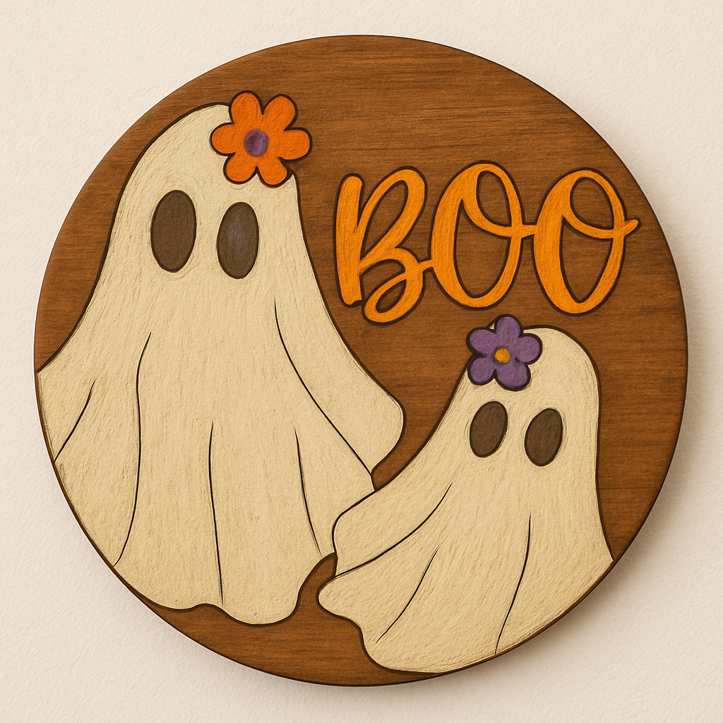 3D Round MDF Cutout Boo With Ghosts - Unfinished For DIY