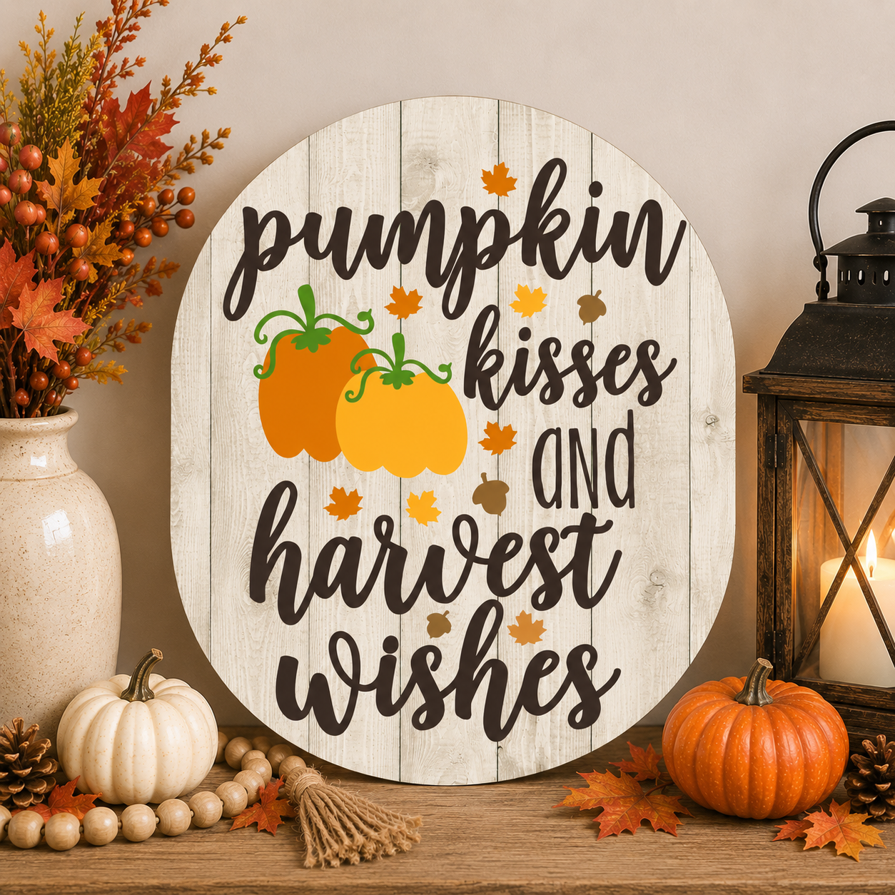 Print Shop Round MDF Cutout Pumpkin Kisses And Harvest Wishes Style 2