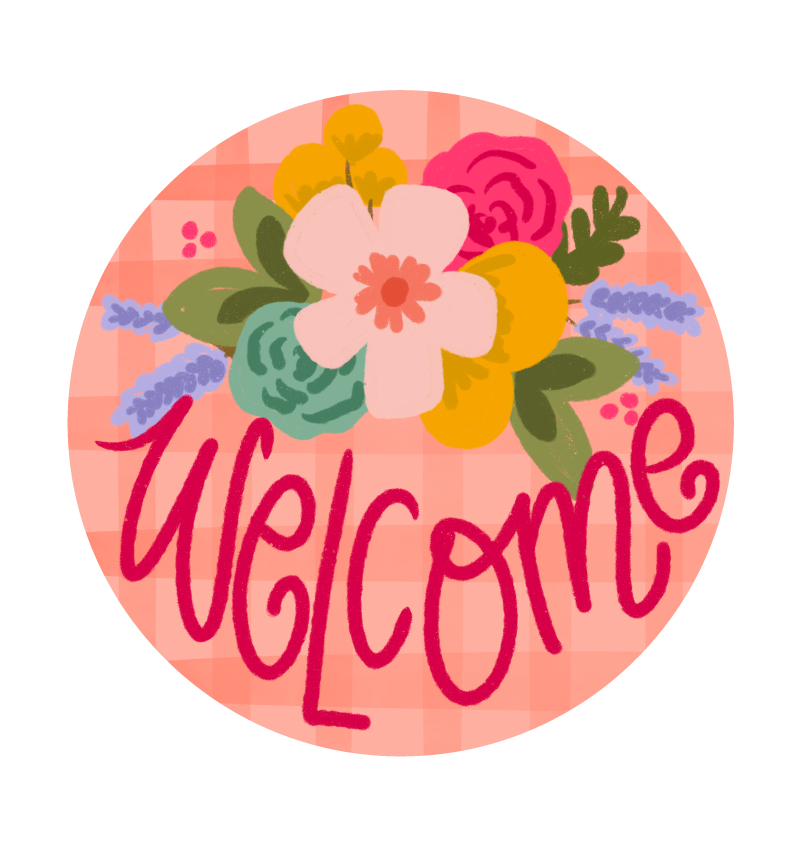 DOODLES BY REBEKAH PINK WELCOME WITH FLOWERS