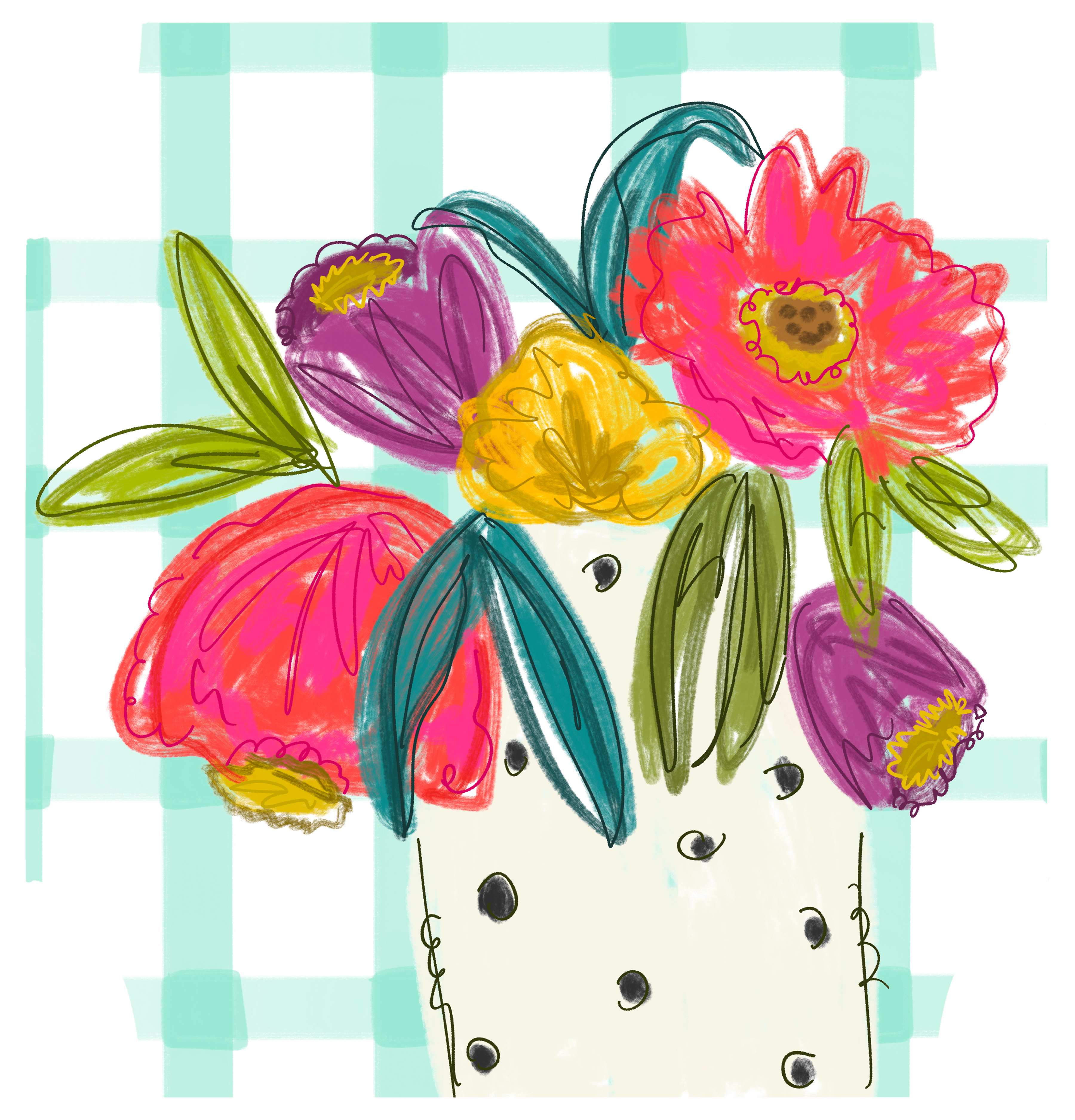 DOODLES BY REBEKAH WHITE VASE WITH COLORFUL FLOWERS