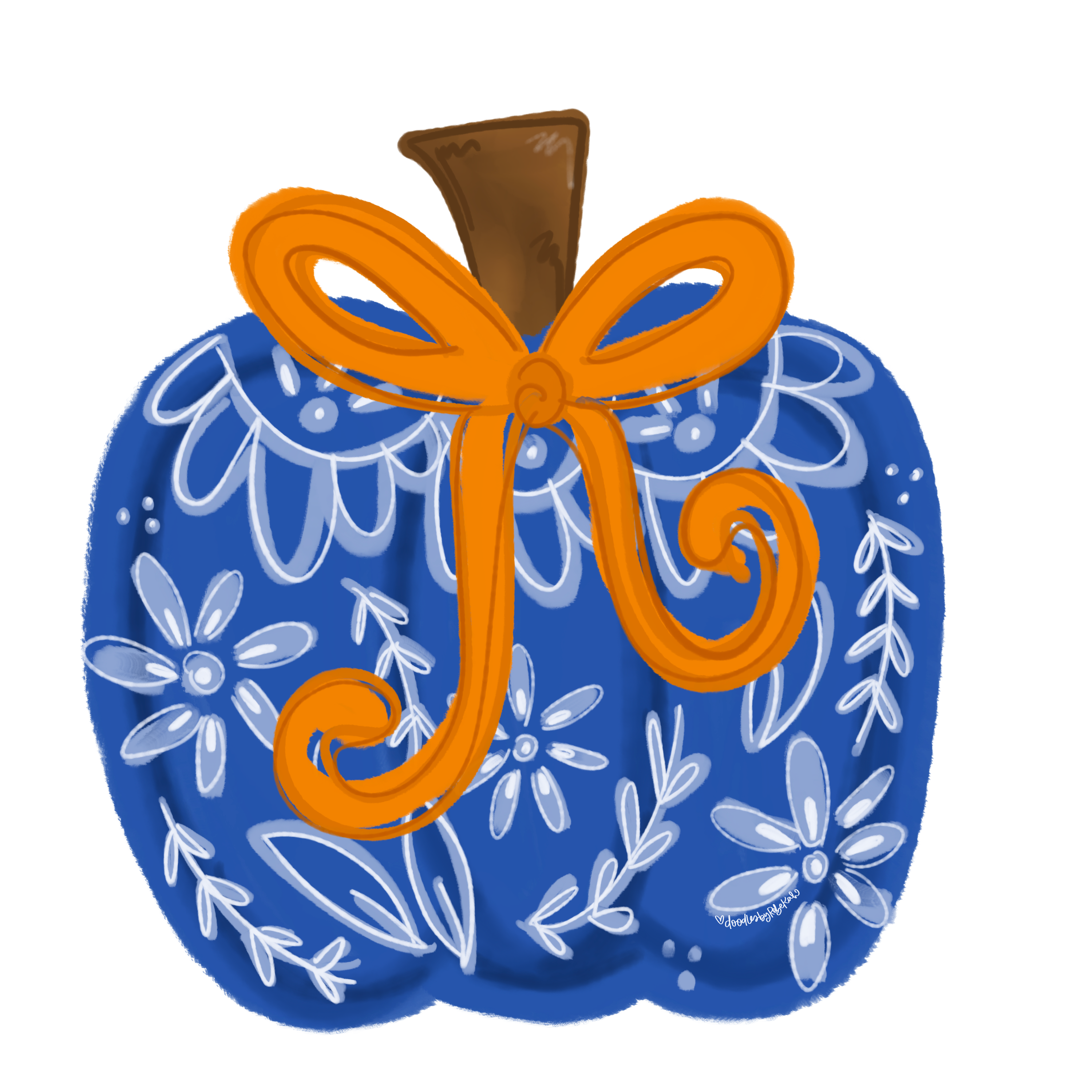 DOODLES BY REBEKAH BLUE PUMPKIN WITH ORANGE BOW