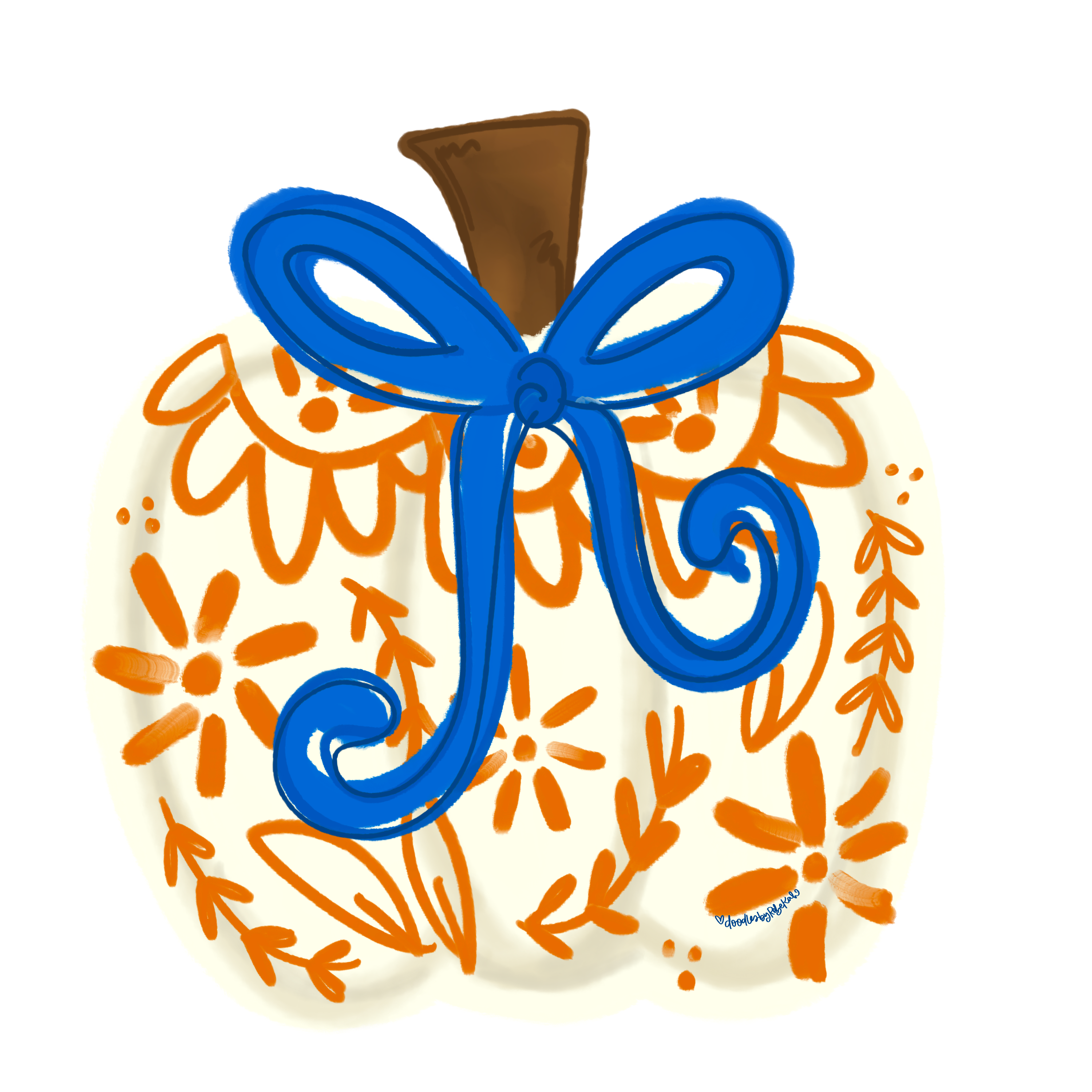 DOODLES BY REBEKAH WHITE AND ORANGE PUMPKIN WITH BLUE BOW