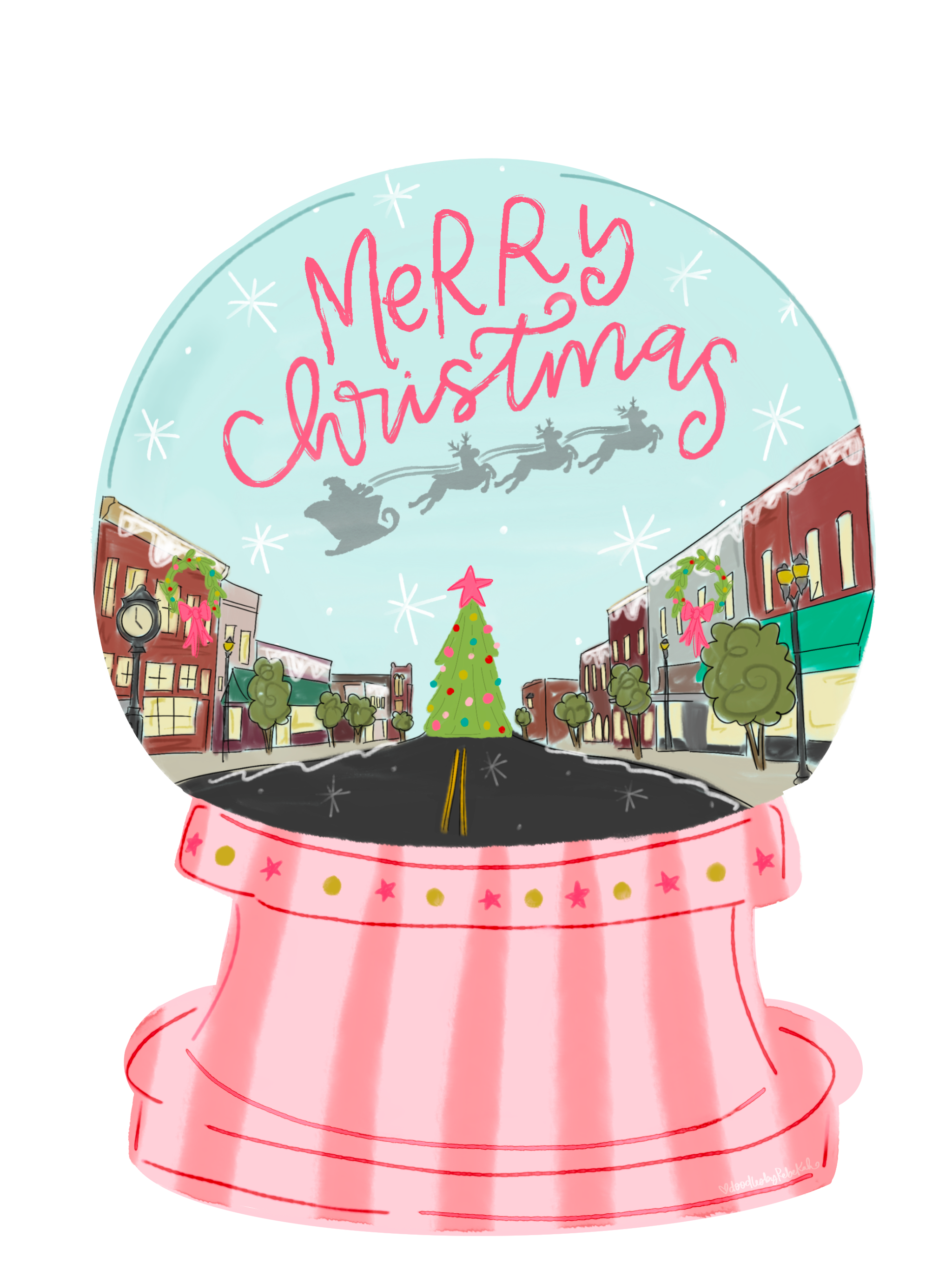 DOODLES BY REBEKAH MERRY CHRISTMAS PINK SNOWGLOBE