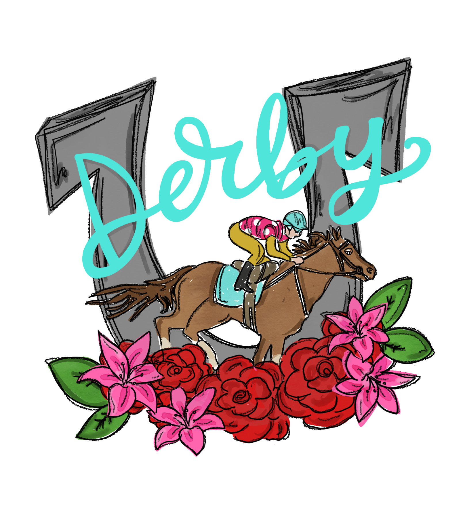 DOODLES BY REBEKAH DERBY WITH HORSE AND JOCKEY