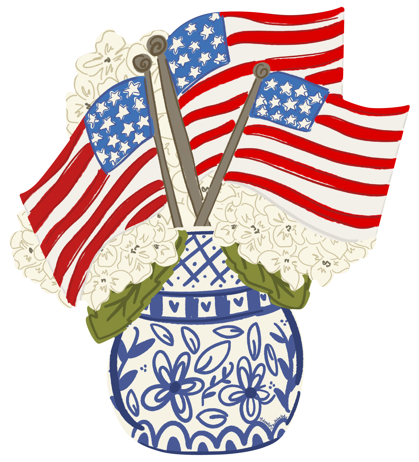 DOODLES BY REBEKAH GINGER JAR WITH FLAGS AND FLOWERS