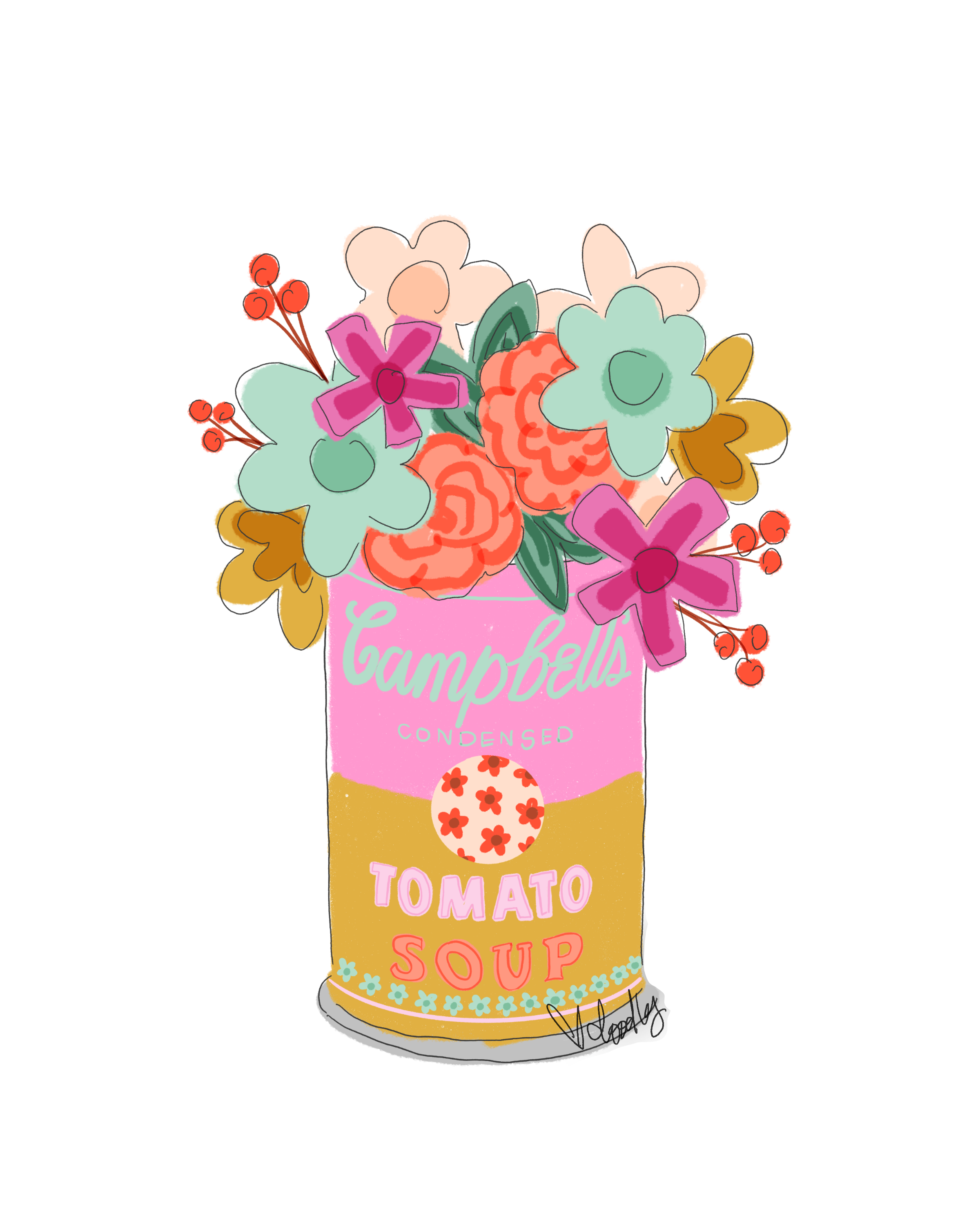 DOODLES BY REBEKAH TOMATO SOUP CAN WITH FLOWERS