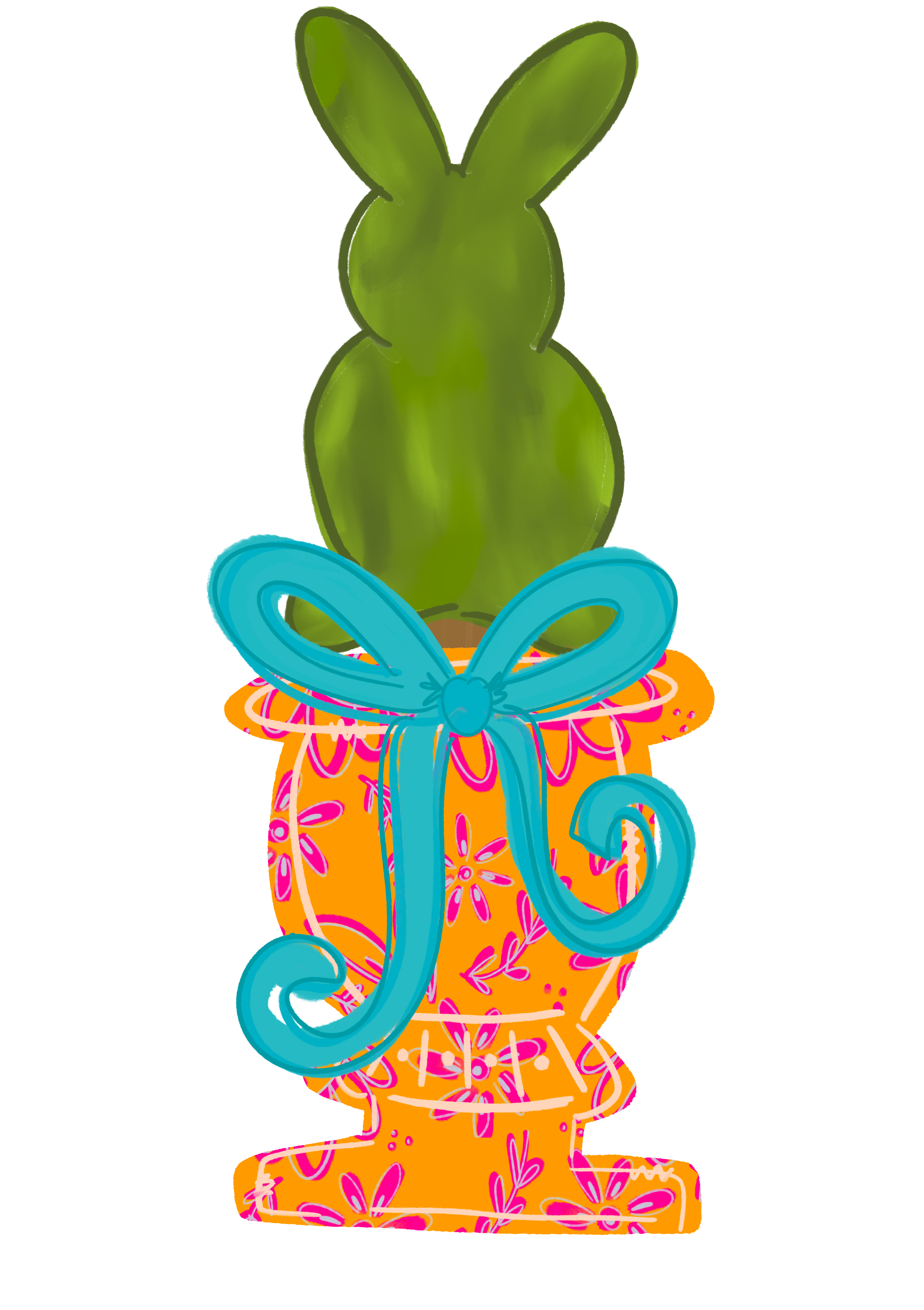 DOODLES BY REBEKAH ORANGE VASE GREEN RABBIT PLANT
