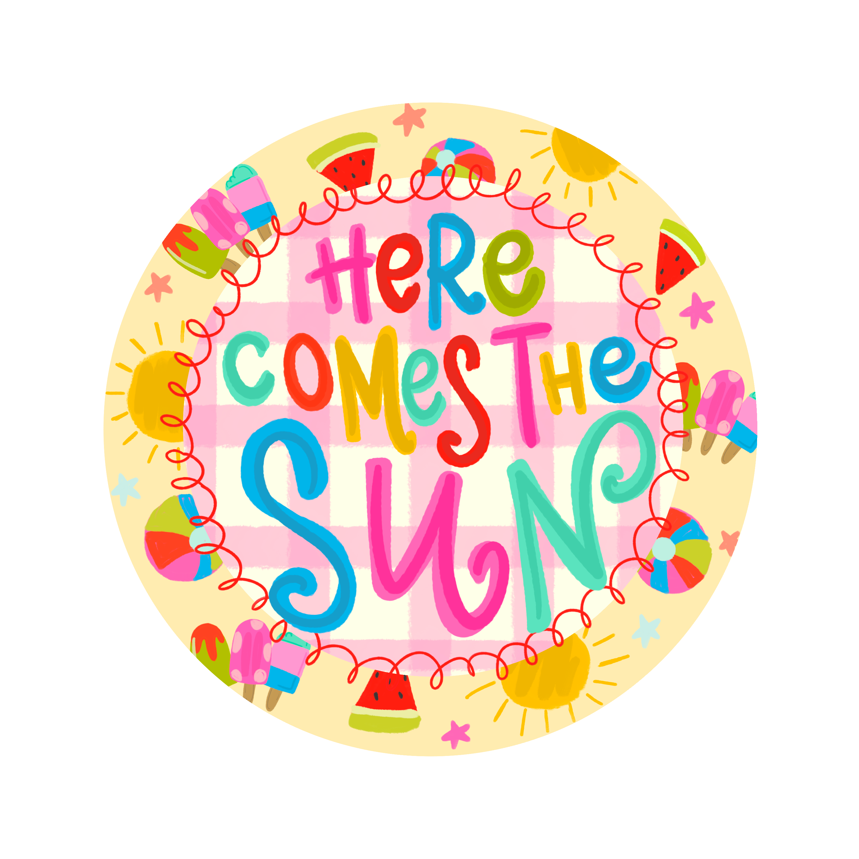 DOODLES BY REBEKAH ROUND PINK PLAID WITH HERE COMES THE SUN