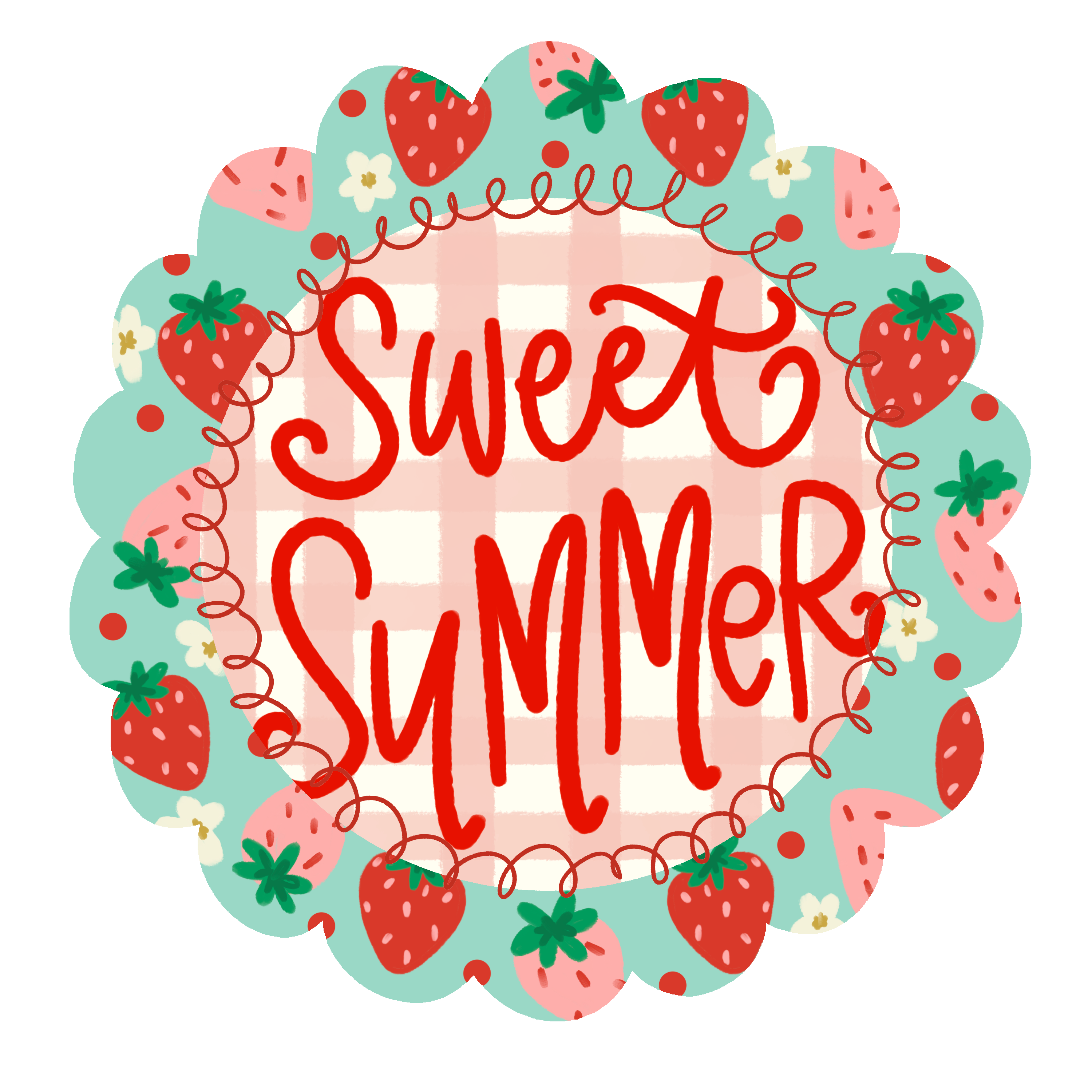 DOODLES BY REBEKAH ROUND PINK PLAID WITH STAWBERRIES  AND SWEET SUMMER