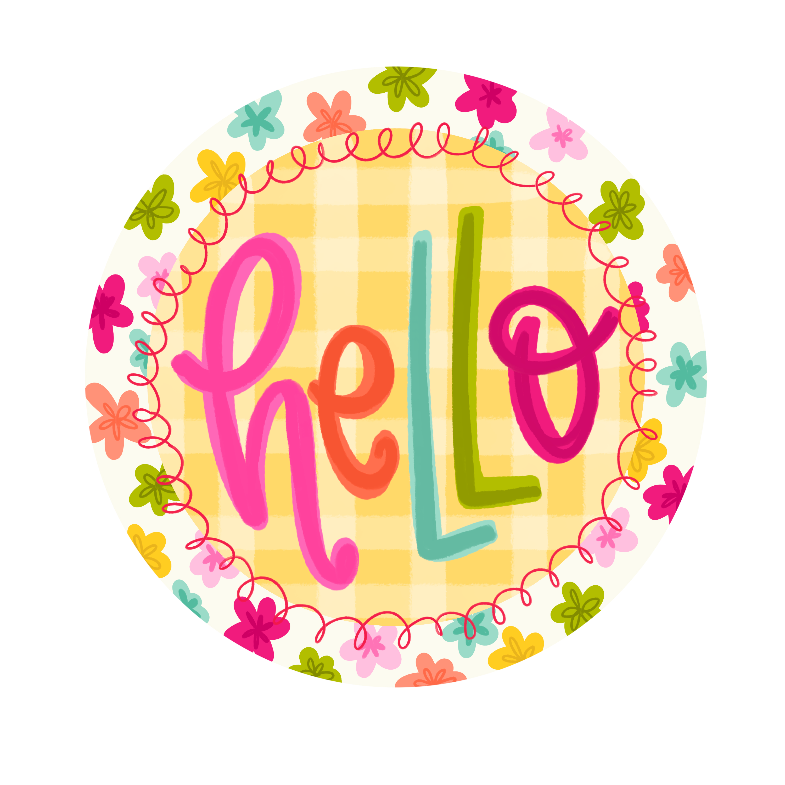 DOODLES BY REBEKAH COLORFUL ROUND HELLO WITH PLAID BACKGROUND