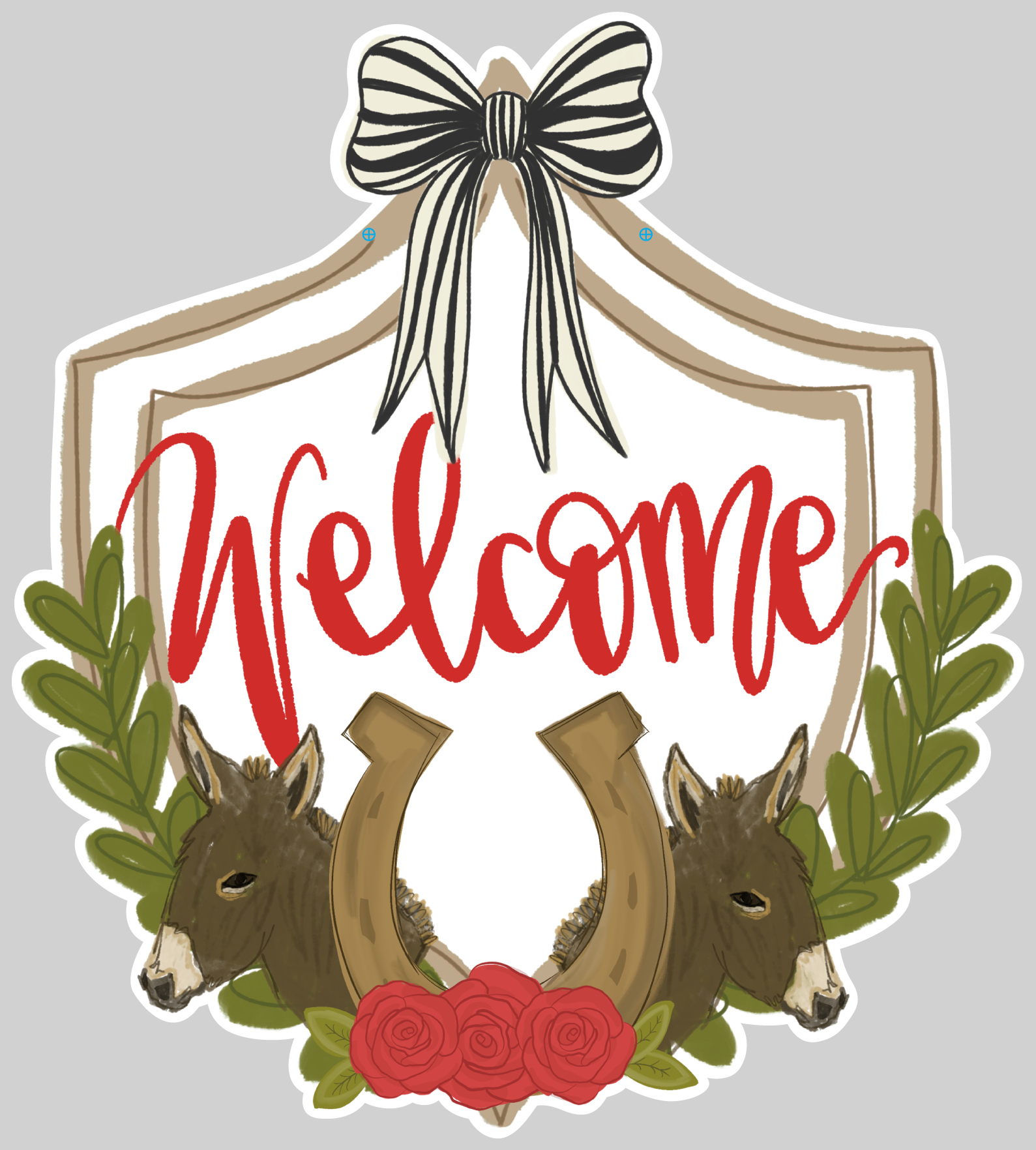 DOODLES BY REBEKAH WELCOME PLAQUE TWO MULES AND HORSESHOE