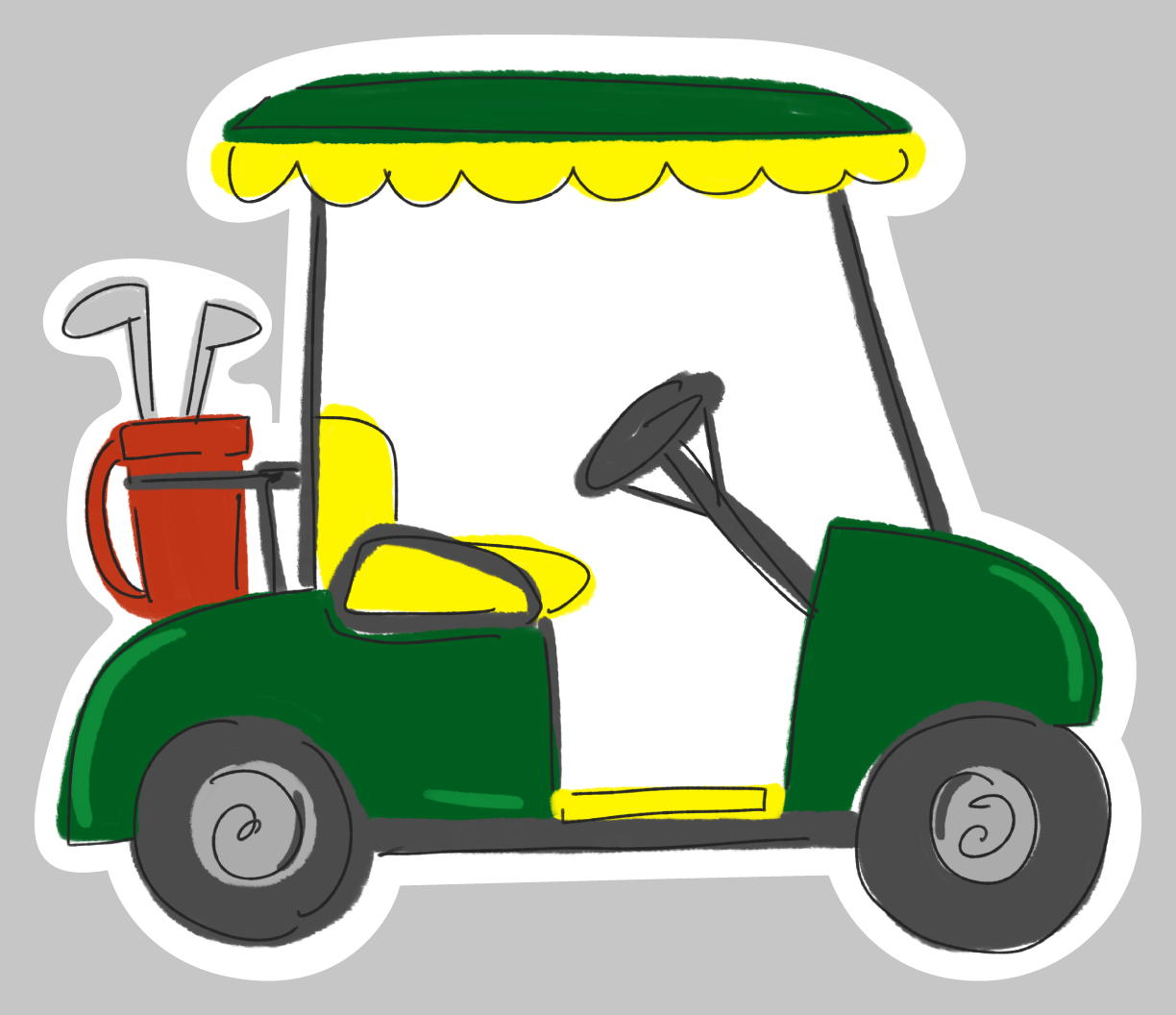 DOODLES BY REBEKAH  GREEN AND YELLOW GOLF CART WITH RED GOLF BAG