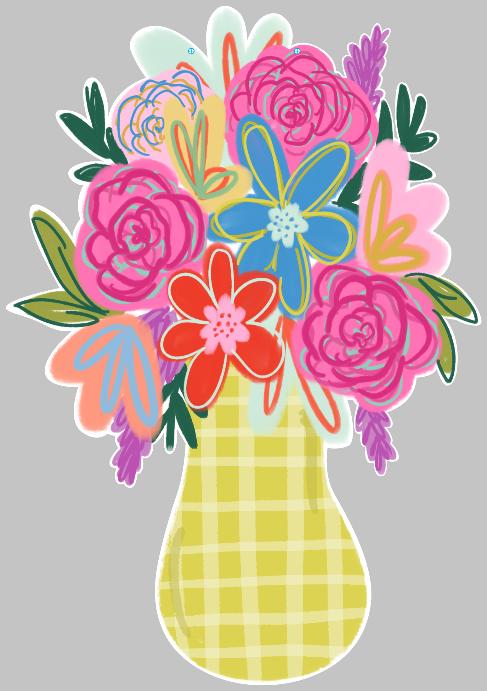 DOODLES BY REBEKAH YELLOW VASE WITH COLORFUL FLOWERS