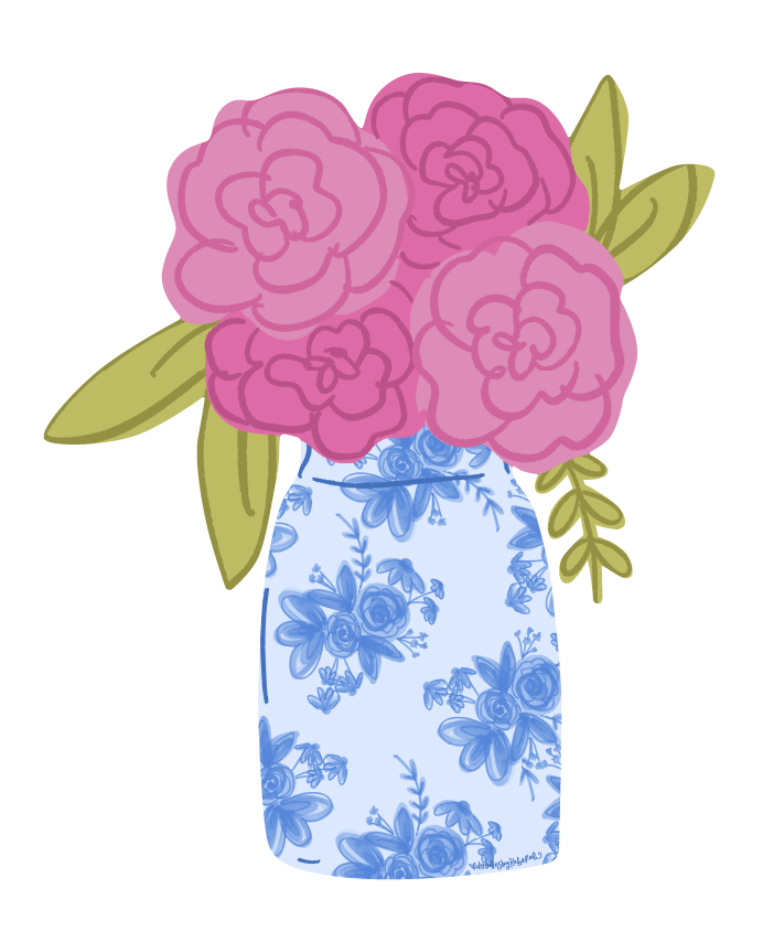 DOODLES BY REBEKAH PINK FLOWERS IN BLUE VASE