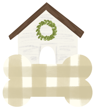 DOODLES BY REBEKAH OFF WHITE DOG HOUSE WITH BROWN ROOF GREEN WREATH TAN AND WHITE BONE