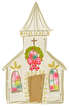 DOODLES BY REBEKAH  TAN CHURCH WITH GREN WREATH AND PINK BOW