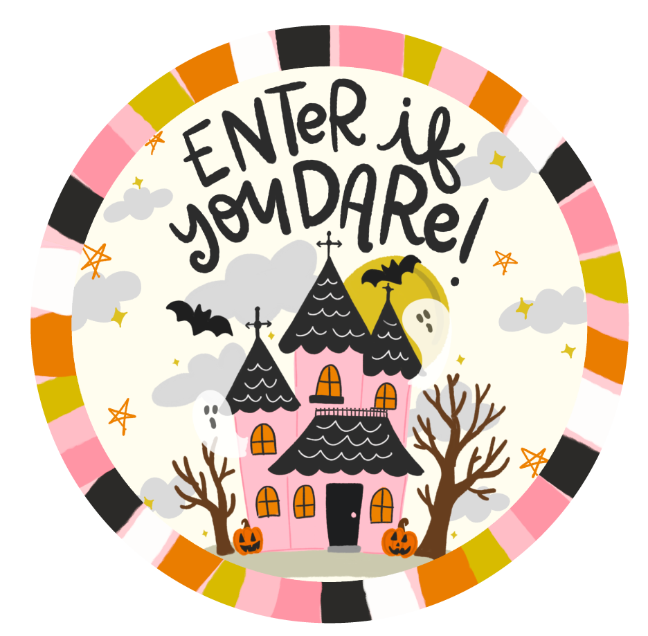 DOODLES BY REBEKAH FALL COLOR ROUND PINK HAUNDED HOUSE ENTER IF YOU DARE