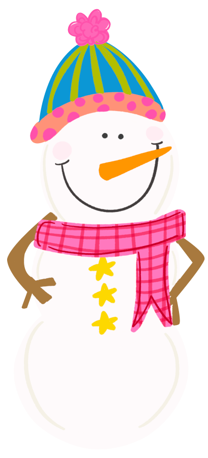 DOODLES BY REBEKAH SNOWMAN WITH PINK SCARF YELLOW STARS BLUE GREEN AND PINK HAT
