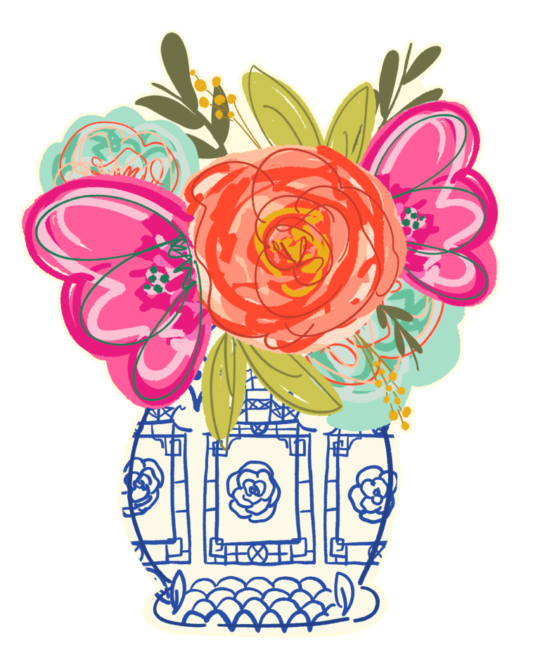 DOODLES BY REBEKAH BLUE WHITE VASE ART WITH COLORFUL FLOWERS