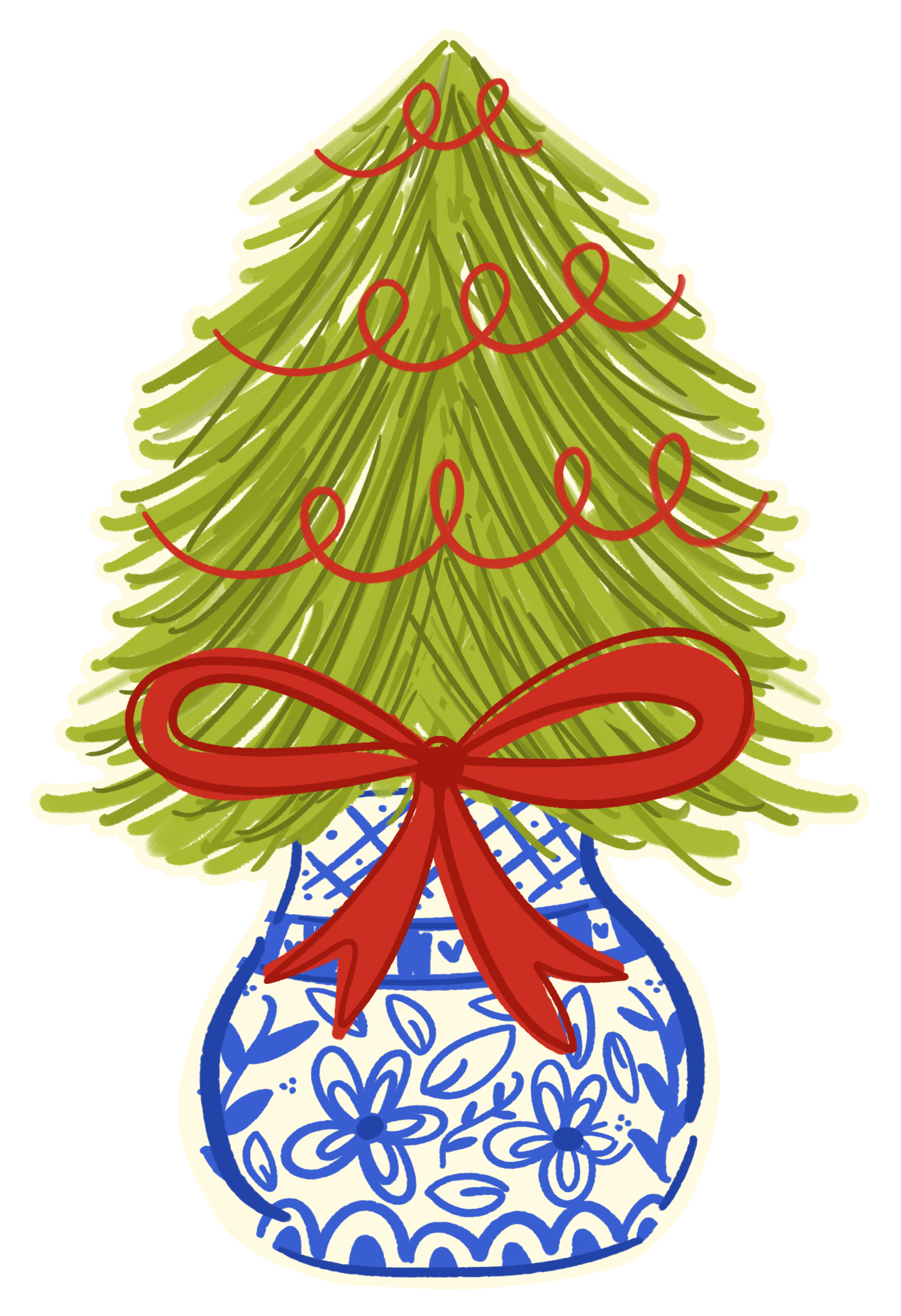 DOODLES BY REBEKAH BLUE WHITE VASE ART WITH CHRISTMAS TREE RED BOW